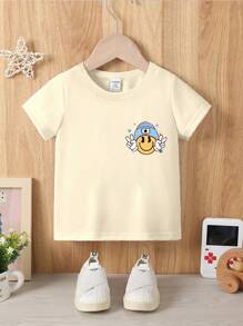 SHEIN Playful Pals 男婴休闲圆领短袖T恤，卡通笑脸图案，黑白格子设计，字母印花