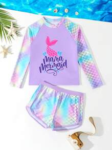 SHEIN 青少年女孩美人鱼分体泳衣套装，可爱海滩度假泳装，女孩长袖泳衣