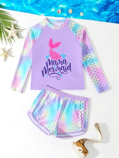SHEIN 青少年女孩美人鱼分体泳衣套装，可爱海滩度假泳装，女孩长袖泳衣