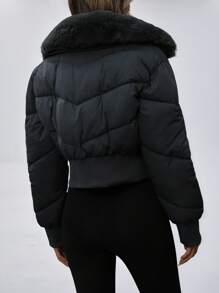 GENKIRA Urban Fashionable Cropped Turn-Quilted Collar Cinched Waist Metal Zipper Fluffy Collar Pocket Flight BomberPadded Insulated Polyfill Synthetic Insulation Winter Coat Winter Jacket Jacket Fall Cloth For Women - Dark Grey - View 2