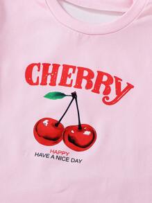 New Casual Cherry Print Short Sleeve T-Shirt And Shorts 2pcs/Set Summer Girls Young Comfy Pajamas Summer Pj Sets Young Girls Casual Sets Young Girls Clothing Outfit Young Girl Short Sets Young Girl 2 Pieces Outfits - Pink - View 6
