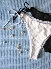 SHEIN Swim 2pcs Women Jacquard Solid Color High Waisted Tie Side Sexy Bikini Bottom, 25SS Summer , Vacation Beachwear - Black and White - View 5