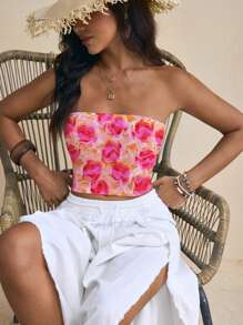 Livia Canto Studio Top casual de mujer corto y ajustado con bandeau, estampado de leopardo y floral, adecuado para el verano