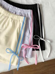 Comfortcana 女士夏季休闲条纹抽绳腰短裤，配侧蝴蝶结 - 杏色 - 查看 4