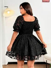 Sunnyshic Plus Size Jacquard Weave Puff Sleeve Elegant Resort Dress