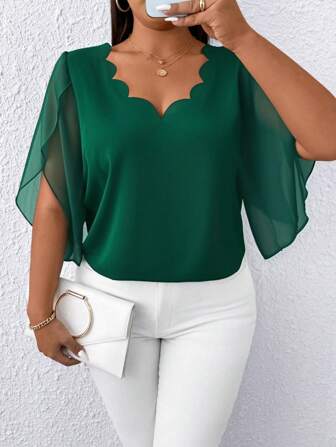 Elenzga Blouse en mousseline transparente pour femmes grandes tailles avec col en dentelle et manches