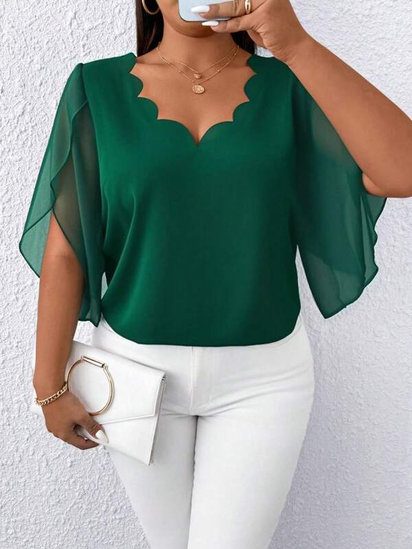 Elenzga Blusa casual con colletto in pizzo e maniche trasparenti in chiffon, taglie forti