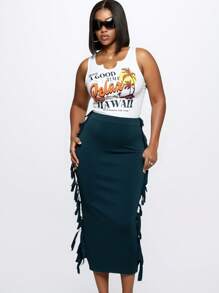 Slaydiva Summer Leisure Vacation U-Neck Hollowed Out Coconut Tree English Slogan Printed In The Front Truncated White Vest Tassel Dark Green Skirt Women's Two-Piece Set-H