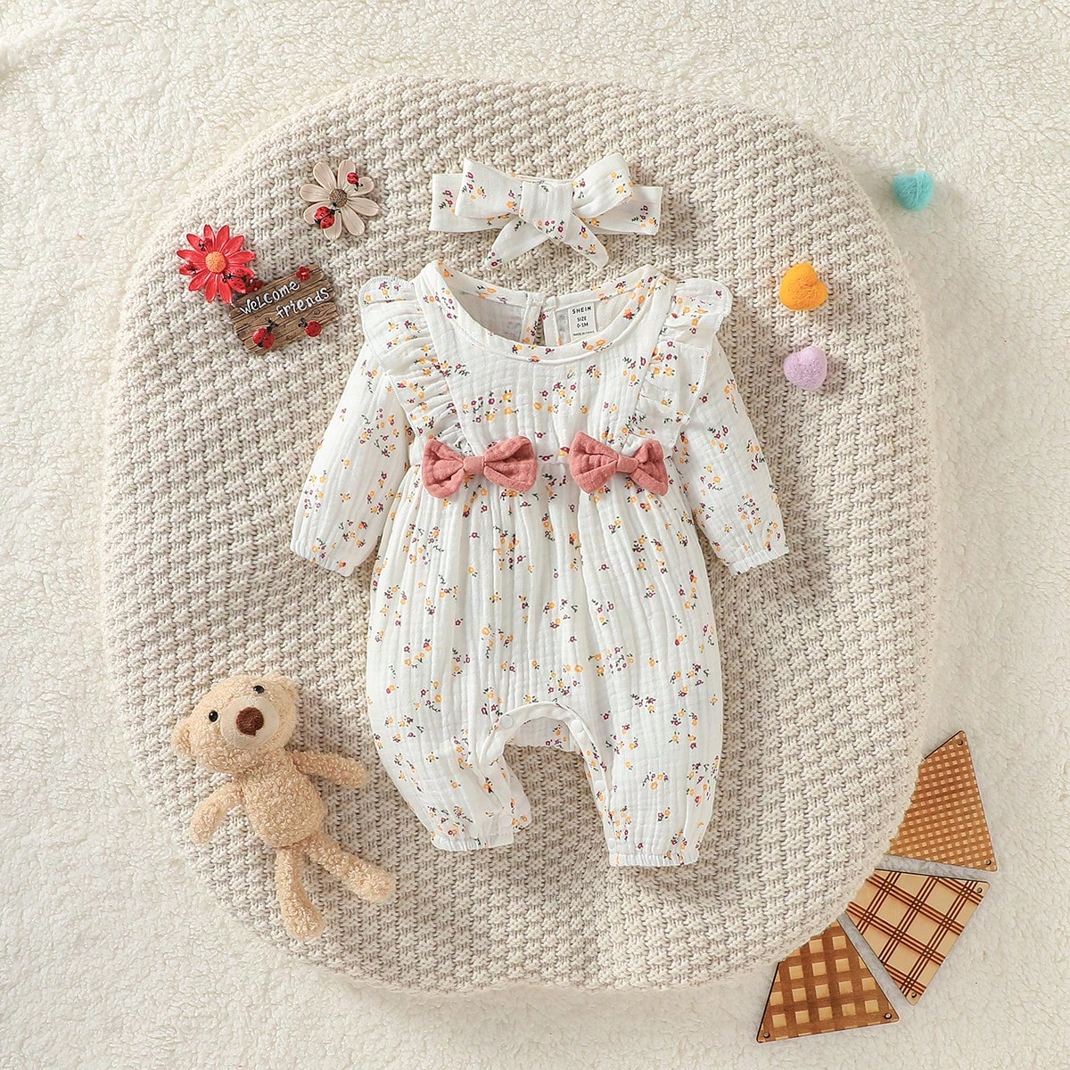 Baby Girl Newborn Ditsy Floral Ruffle Trim Bow Front Jumpsuit With Headband