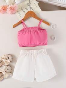 Infant/Baby Girls' Elegant Sweet Streetstyle Pink Floral Spaghetti Strap Top Matching White Shorts Set, Summer