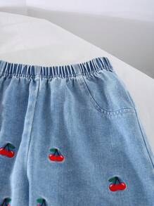 Elladie kids Girls' Vintage Polo Collar Fitted Wine Red Tank Top & Elastic Waist Loose Long Floral Embroidery Denim Pants Set, Casual & Fashion Holiday  Travel  Summer  Relax Summer Holiday - Burgundy - View 6