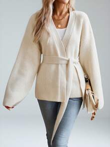 Aveloria Modichic Drop Shoulder Belted Cardigan Oversized Sweater  Fall Winter Cloth For Women - Beige - View 5