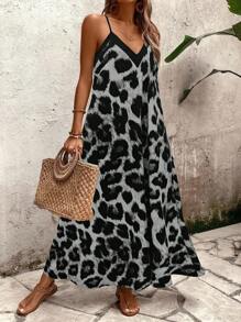 SHEIN Holidaya Plus Size Women Leopard Print Flowy A-Line Loose Dress, Casual Vacation Daily Wear Spaghetti Strap Long Dress - Grey - View 5