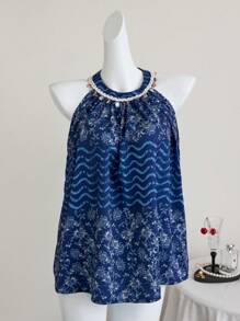 Elamini Casual Vacation Style Plant Print Sequined V-Neck Tank Top - Multicolor - View 5