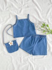 SHEIN Vintaside Kids Babygirl 女婴夏季无袖时尚牛仔吊带背心搭配百搭休闲水洗牛仔短裤套装，适合夏季旅行、沙滩游玩、参加朋友聚会 - 藍色 - 查看 2