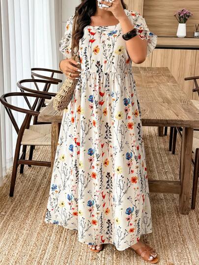 EMERY ROSE Random Print Casual Holiday Style Digital Print Plus Size Short Sleeve Dress