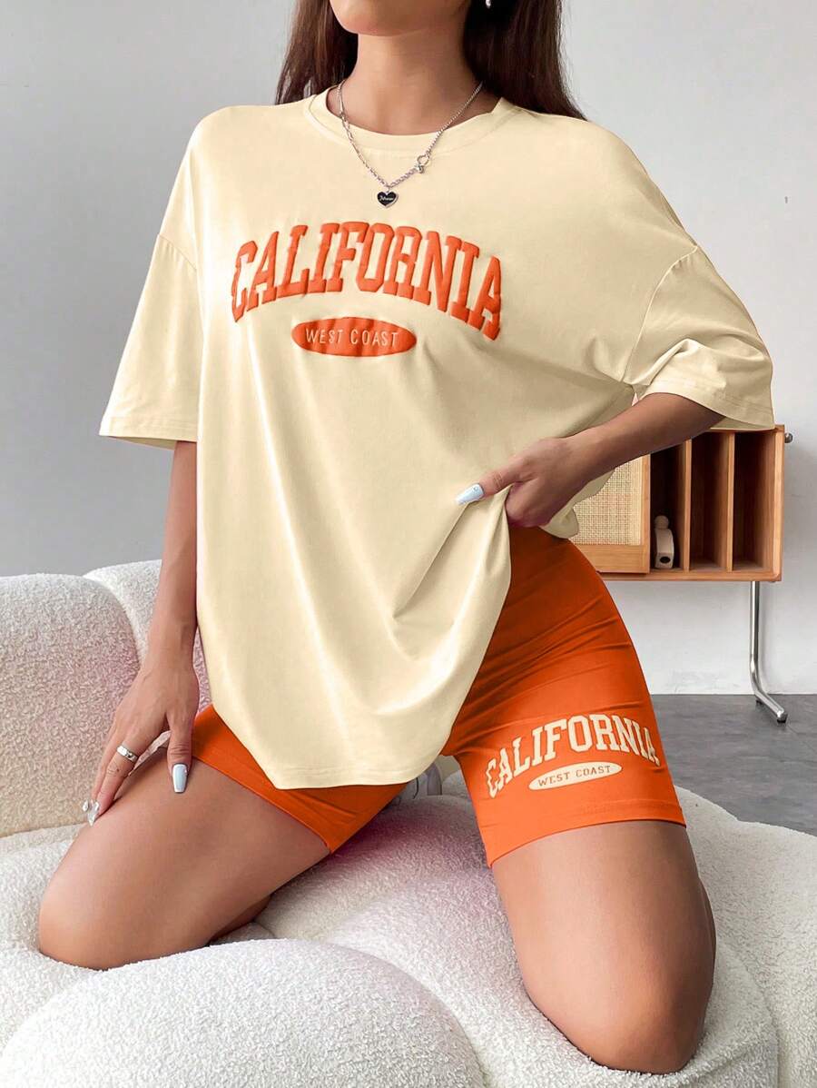 SHEIN Unity 2st/Set Bokstavstryck rundhalsad kortärmad T-shirt & shorts, Casual - Multifärgad - Visa 1