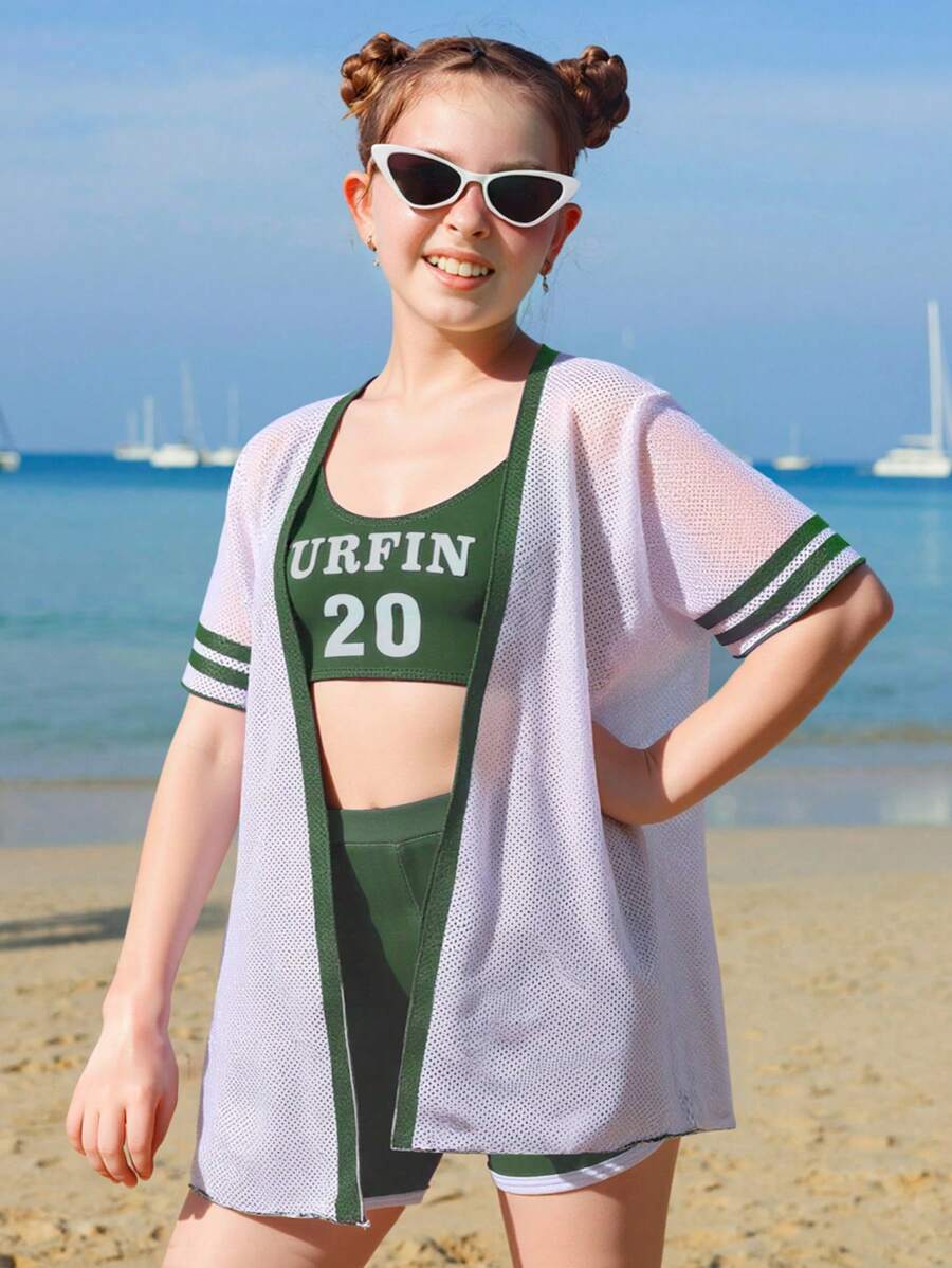 SHEIN Tween Girl Letter Print 4-Piece Casual Beach Vacation Set - Green - View 1