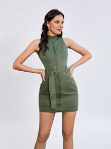 GENKIRA 无袖前拉链休闲女装连衣裙女士优雅连衣裙 - 軍綠色 - 查看 10