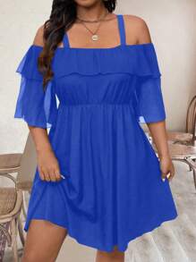 SHEIN LUNE Plus Size Women Solid Color Ruffle Off-Shoulder Fashionable Vacation Dress - Royal Blue - View 3