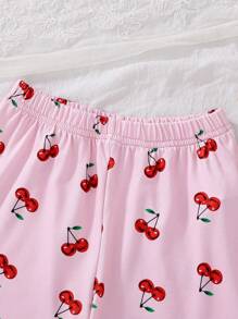 New Casual Cherry Print Short Sleeve T-Shirt And Shorts 2pcs/Set Summer Girls Young Comfy Pajamas Summer Pj Sets Young Girls Casual Sets Young Girls Clothing Outfit Young Girl Short Sets Young Girl 2 Pieces Outfits - Pink - View 7