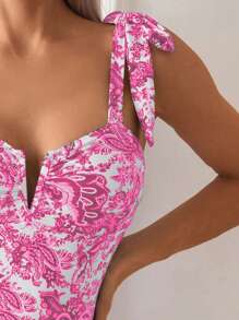 SHEIN Swim Women's Vacation Beach Fully Allover Print One-Piece Swimsuit For Summer - Rose Red - View 3