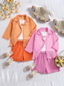 3pcs Set Girls 3D Flower Orange Long Sleeve Shirt + Shorts; Pink Set; Purple Set - Multicolor - View 1
