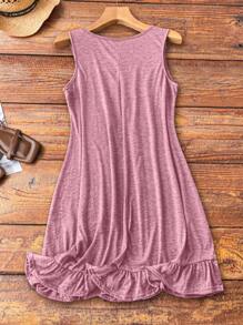 Plus Size Solid Color Round Neck Ruffle Hem Summer Sleeveless Dress - Purple - View 2