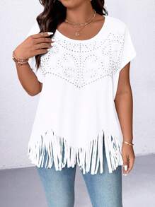 SHEIN LUNE 大码女式圆领短袖水钻流苏T恤