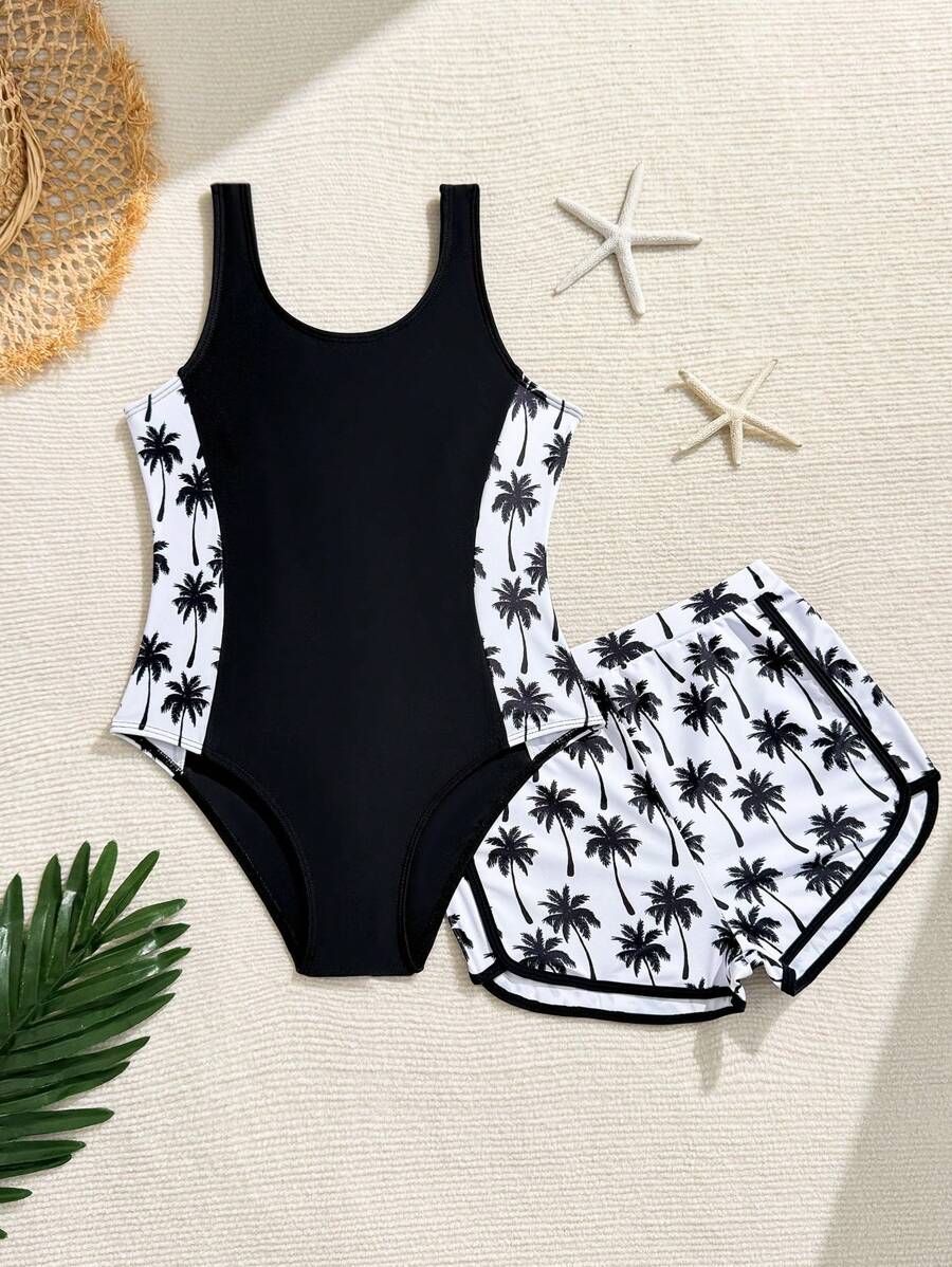 SHEIN 女童连体泳衣，女童海滩度假泳装，椰子树印花连体泳衣 - 黑色 - 查看 1