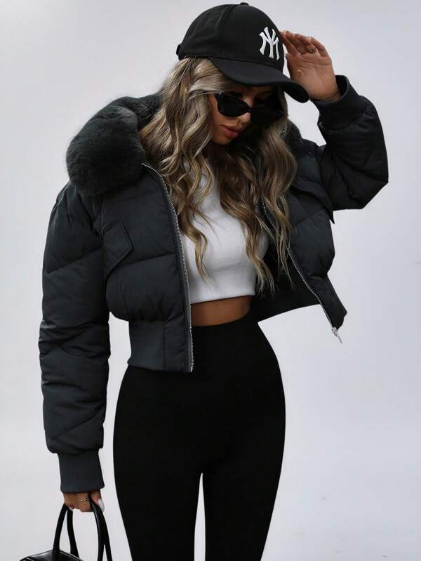 Aveloria Affinna Urbaner modischer Kurzjacke mit gestepptem Kragen, taillierter Taille, Metall-Reißverschluss, flauschigem Kragen, Tasche, gepolsterte isolierte Futter aus Kunstfaser Wintermantel