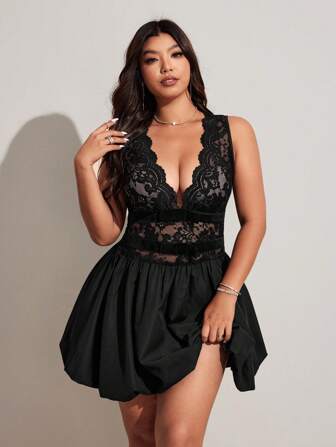 Viva Relle Robe grande taille en dentelle, sexy, transparente avec nœud papillon à la taille