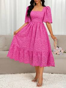 SHEIN Lady Váy dài vừa phải thêu khoét rỗng màu trơn thanh lịch dành cho nữ, mùa hè - Màu Hồng Tươi - Xem 6