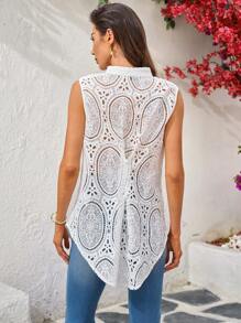 SHEIN Clasi Women's Eyelet Embroidery Hollow Out Sleeveless Vacation Blouse Summer Airport Lace Sheer Top Cut Out Blouse - White - View 4