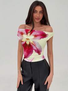 Aloruh Casual Minimalist Short Sleeve Women Tops For Summer Off The Shoulder Top - Multicolor - View 4