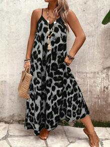SHEIN Holidaya Plus Size Women Leopard Print Flowy A-Line Loose Dress, Casual Vacation Daily Wear Spaghetti Strap Long Dress - Grey - View 6
