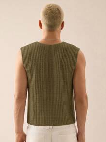 SWAVVY Chaleco sin mangas informal y holgado de punto vintage para hombre - Verde Oliva - Ver 2