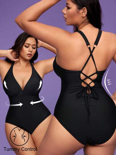 Shapewave Plus Size Dam One-Piece Solid Black Sexig Backless Bekväm Baddräkt, Lämplig för strandsemester