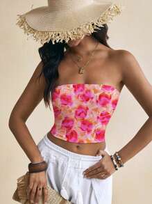 Livia Canto Studio Top casual de mujer corto y ajustado con bandeau, estampado de leopardo y floral, adecuado para el verano