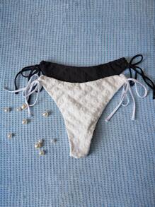 SHEIN Swim 2pcs Women Jacquard Solid Color High Waisted Tie Side Sexy Bikini Bottom, 25SS Summer , Vacation Beachwear - Black and White - View 2