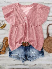 Linhara Plus Size Women Polka Dot V-Neck Ruched Puff Sleeve Blouse - Pink - View 1