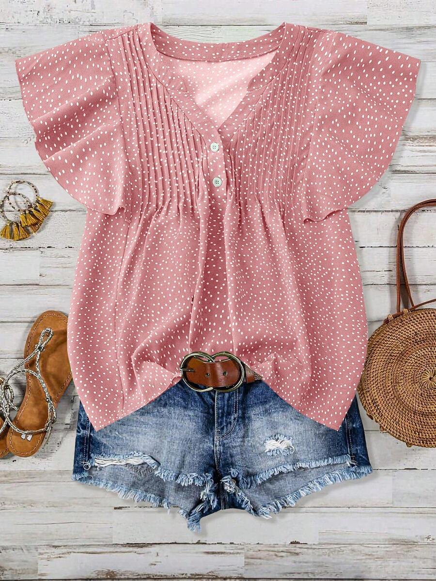 Linhara Plus Size Women Polka Dot V-Neck Ruched Puff Sleeve Blouse - Pink - View 1