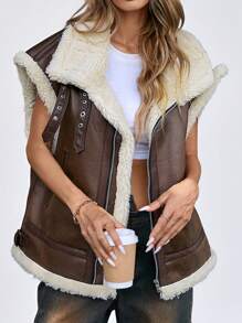 Aveloria Affinna Fashionable Fluffy-Trimmed Fleece Patchwork Thicken Vest Jacket Faux Leather Aviator Jacket With Borg Lining 