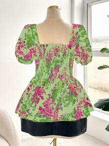 SHEIN Unity Plus Size Women's Floral Print Sweet Heart Collar Short Puff Sleeve Blouse - Multicolor - View 2