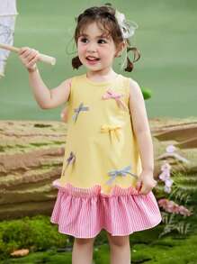 Vestido casual sin mangas de cuello redondo con parches y lazo para niñas, nuevo diseño para primavera y verano