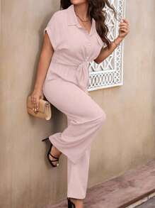 EMERY ROSE 2pcs/Set Women Plus Size Solid Color Knotted Shoulder Sleeve Shirt & Loose Straight Pants Summer Outfits - Pink - View 5