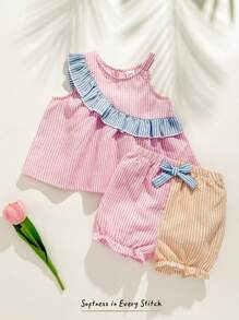 Cozy Pixies 女婴彩色条纹荷叶边吊带背心和松紧腰短裤两件套服装