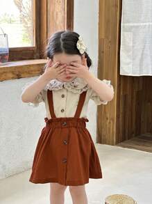 SHEIN Vintaside Kids Baby Girl Floral Embroidered Puff Sleeve Shirt And Suspender Skirt 2 Pieces Set - Multicolor - View 7