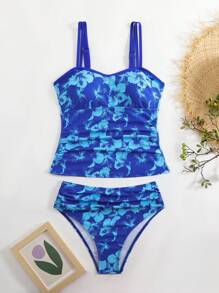 Swim Lushoire 2pcs Set Floral Print Non-Padded Long Top And High-Waist Ruched Bottoms Swimsuit For Summer Beach Vacation - Multicolor - View 6