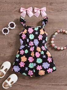 SHEIN Leap Crew Babygirl Summer Cute Floral Knit Romper - Multicolor - View 2